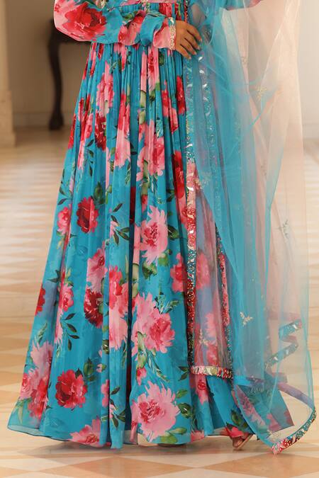 Buy_Manisha Soni Couture_Blue Chiffon, Net Sequins Floral Printed Anarkali And Dupatta Set For Kids