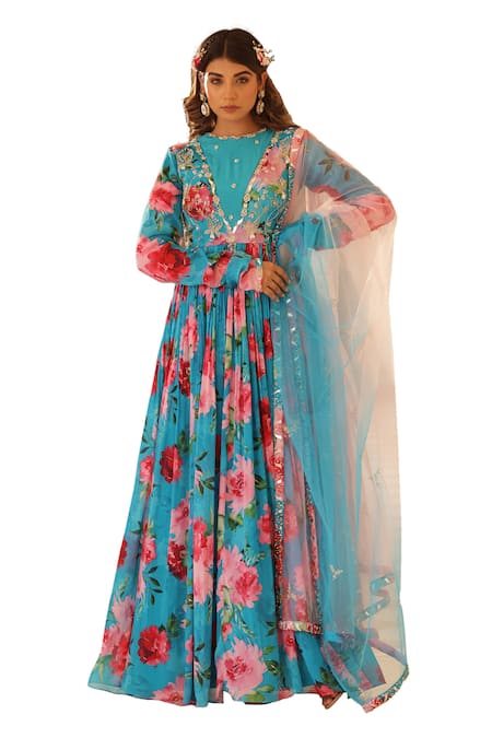 Shop_Manisha Soni Couture_Blue Chiffon, Net Sequins Floral Printed Anarkali And Dupatta Set For Kids