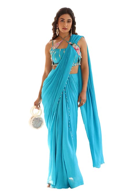 Shop_Manisha Soni Couture_Blue Chiffon, Georgette Cut Work, Pre-draped Saree And Hand Embroidered Blouse For Kids_Online_at_Aza_Fashions