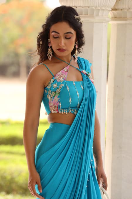 Buy_Manisha Soni Couture_Blue Chiffon, Georgette Cut Work, Pre-draped Saree And Hand Embroidered Blouse For Kids