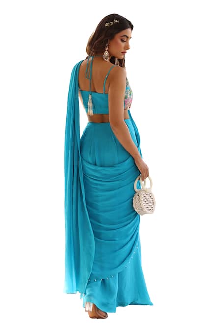 Shop_Manisha Soni Couture_Blue Chiffon, Georgette Cut Work, Pre-draped Saree And Hand Embroidered Blouse For Kids