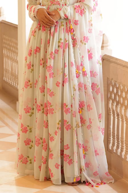 Buy_Manisha Soni Couture_Green Chiffon, Georgette Cut Work, Sequins Flower Print Anarkali With Dupatta _Online_at_Aza_Fashions