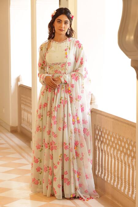 Shop_Manisha Soni Couture_Green Chiffon, Georgette Cut Work, Sequins Flower Print Anarkali With Dupatta _Online_at_Aza_Fashions