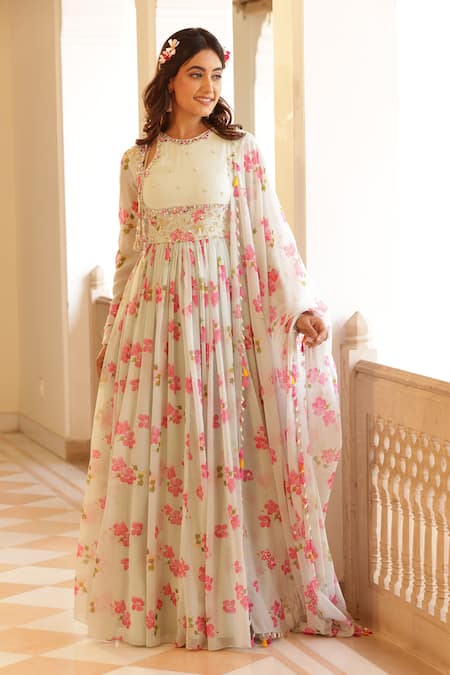 Manisha Soni Couture_Green Chiffon, Georgette Cut Work, Sequins Flower Print Anarkali With Dupatta _at_Aza_Fashions