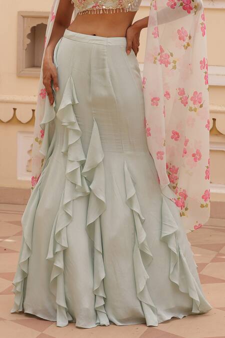 Buy_Manisha Soni Couture_Green Net, Chiffon, Georgette Sequins, Embroidery Floral Lehenga Set With Cape For Kids_Online_at_Aza_Fashions