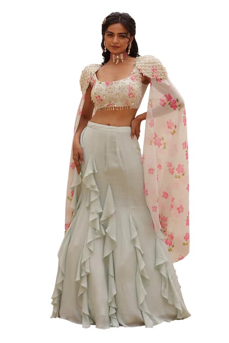 Shop_Manisha Soni Couture_Green Net, Chiffon, Georgette Sequins, Embroidery Floral Lehenga Set With Cape For Kids_Online_at_Aza_Fashions