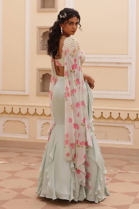 Manisha Soni Couture Embroidered Fish Cut Lehenga Set With Cape 