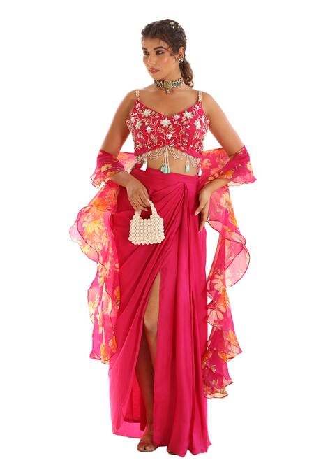 Buy Manisha Soni Couture Pink Organza, Chiffon, Satin Embroidery, Floral Blouse And Draped Skirt Set For Kids Online at Aza Fashions Buy_Manisha Soni Couture_Pink Organza, Chiffon, Satin Embroidery, Floral Blouse And Draped Skirt Set For Kids_Online_at_Aza_Fashions