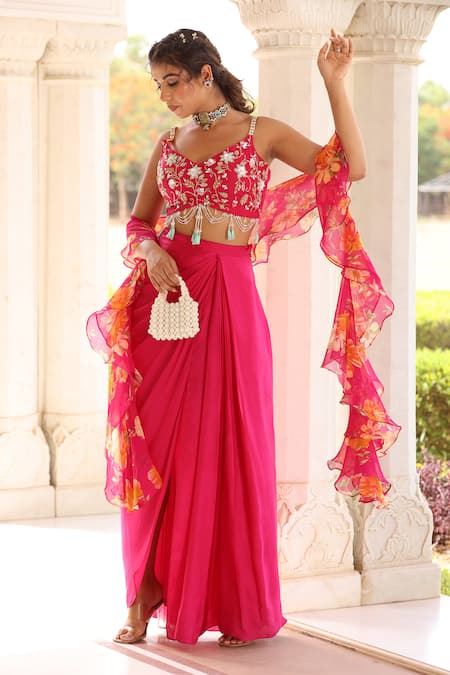 Shop_Manisha Soni Couture_Pink Organza, Chiffon, Satin Embroidery, Floral Blouse And Draped Skirt Set For Kids_Online_at_Aza_Fashions