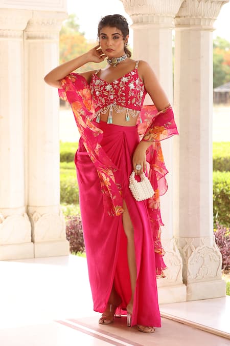 Manisha Soni Couture_Pink Organza, Chiffon, Satin Embroidery, Floral Blouse And Draped Skirt Set For Kids_at_Aza_Fashions