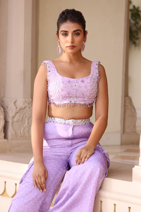 Buy_Manisha Soni Couture_Purple Organza, Georgette Bandhani Print Padded Blouse And Cargo Pant Set_Online_at_Aza_Fashions