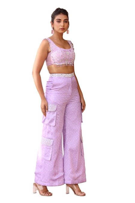Shop_Manisha Soni Couture_Purple Organza, Georgette Bandhani Print Padded Blouse And Cargo Pant Set_Online_at_Aza_Fashions