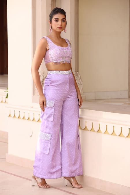 Manisha Soni Couture Purple Pant Georgette Satin Printed Bandhani Hand Embroidered With Blouse 