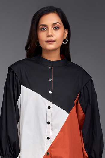 Deepika Arora Orange Cotton Collared Color Block Short Tiered Dress Online at Aza Fashions Deepika Arora_Orange Cotton Collared Color Block Short Tiered Dress_Online_at_Aza_Fashions