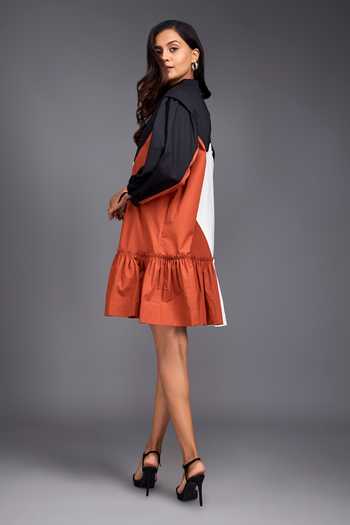 Buy Deepika Arora Orange Cotton Collared Color Block Short Tiered Dress Online at Aza Fashions Buy_Deepika Arora_Orange Cotton Collared Color Block Short Tiered Dress_Online_at_Aza_Fashions