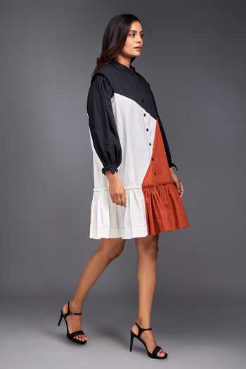 Shop Deepika Arora Orange Cotton Collared Color Block Short Tiered Dress Online at Aza Fashions Shop_Deepika Arora_Orange Cotton Collared Color Block Short Tiered Dress_Online_at_Aza_Fashions