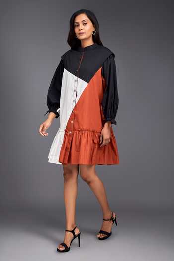 Deepika Arora Orange Cotton Collared Color Block Short Tiered Dress at Aza Fashions Deepika Arora_Orange Cotton Collared Color Block Short Tiered Dress_at_Aza_Fashions