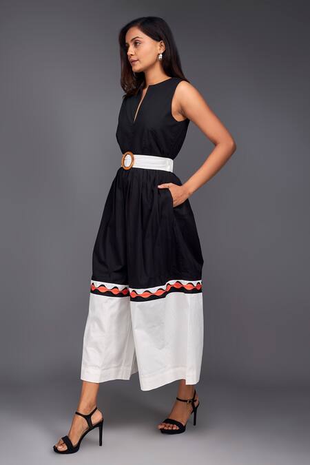 Buy_Deepika Arora_Black Cotton Applique Round Neck Color Block Culotte Jumpsuit _Online_at_Aza_Fashions