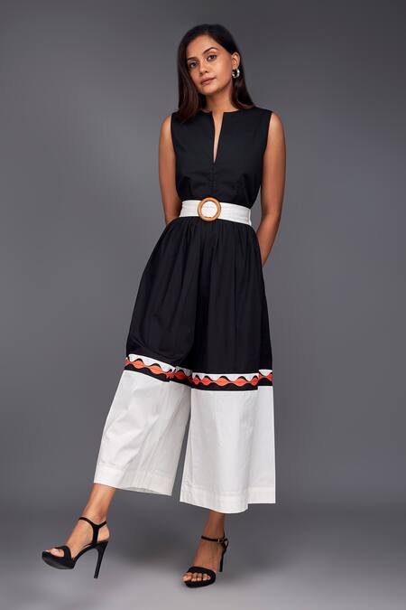 Deepika Arora_Black Cotton Applique Round Neck Color Block Culotte Jumpsuit _at_Aza_Fashions