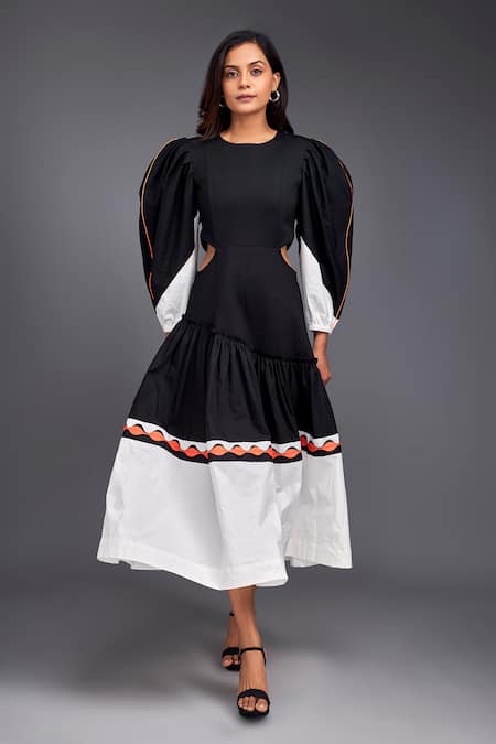 Deepika Arora Black 100% Cotton Wave Round Color Block Side Cutout Dress 