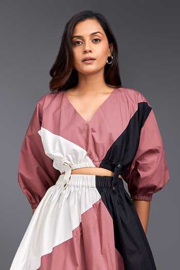 Deepika Arora Pink Cotton V-neck Color Block Top And Skirt Co-ord Set Online at Aza Fashions Deepika Arora_Pink Cotton V-neck Color Block Top And Skirt Co-ord Set _Online_at_Aza_Fashions