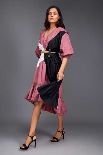 Buy Deepika Arora Pink Cotton V-neck Color Block Top And Skirt Co-ord Set Online at Aza Fashions Buy_Deepika Arora_Pink Cotton V-neck Color Block Top And Skirt Co-ord Set _Online_at_Aza_Fashions
