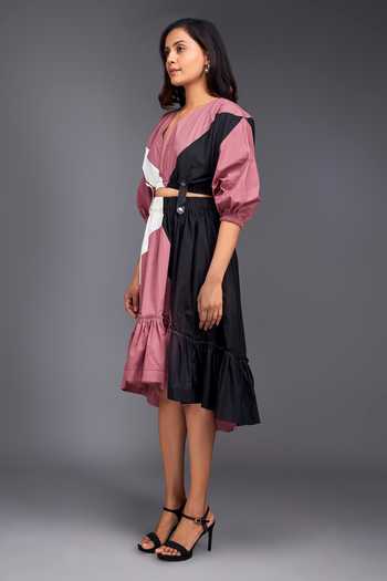 Shop Deepika Arora Pink Cotton V-neck Color Block Top And Skirt Co-ord Set Online at Aza Fashions Shop_Deepika Arora_Pink Cotton V-neck Color Block Top And Skirt Co-ord Set _Online_at_Aza_Fashions