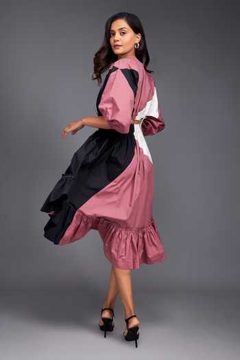 Deepika Arora Pink Cotton V-neck Color Block Top And Skirt Co-ord Set at Aza Fashions Deepika Arora_Pink Cotton V-neck Color Block Top And Skirt Co-ord Set _at_Aza_Fashions