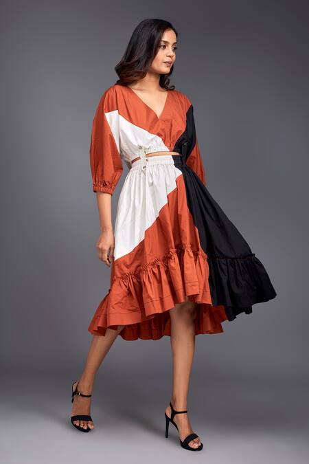 Buy_Deepika Arora_Orange Cotton V-neck Color Block Top And Skirt Set _Online_at_Aza_Fashions