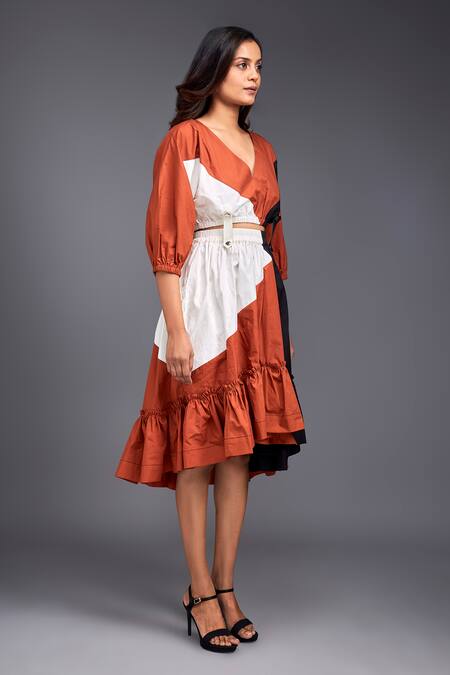 Shop_Deepika Arora_Orange Cotton V-neck Color Block Top And Skirt Set _Online_at_Aza_Fashions