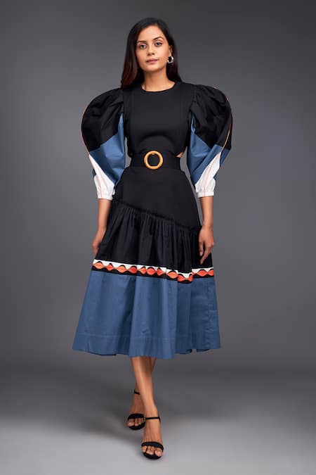 Deepika Arora Black 100% Cotton Geometric Round Color Block Side Cutout Dress 