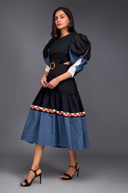 Deepika Arora_Black Cotton Round Neck Color Block Side Cutout Dress _Online_at_Aza_Fashions