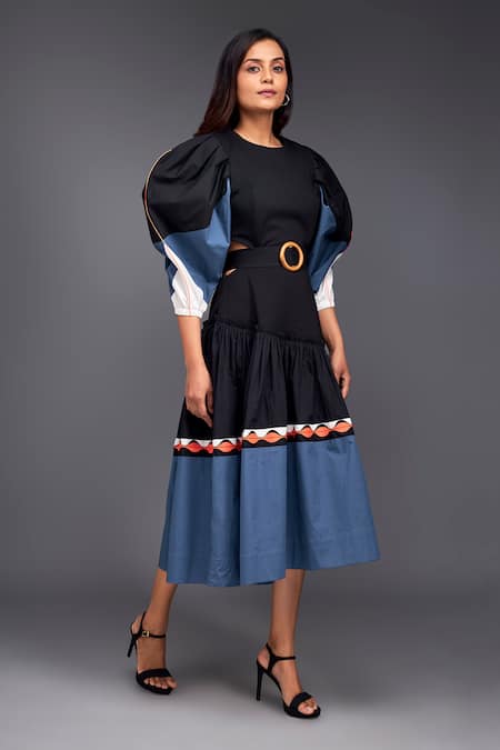 Shop_Deepika Arora_Black Cotton Round Neck Color Block Side Cutout Dress _Online_at_Aza_Fashions