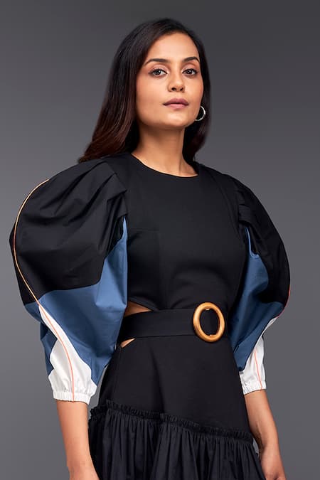 Deepika Arora_Black Cotton Round Neck Color Block Side Cutout Dress _at_Aza_Fashions