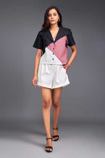 Deepika Arora Pink Button-down Neck Color Block Crop Shirt And Shorts Set Online at Aza Fashions Deepika Arora_Pink Button-down Neck Color Block Crop Shirt And Shorts Set _Online_at_Aza_Fashions