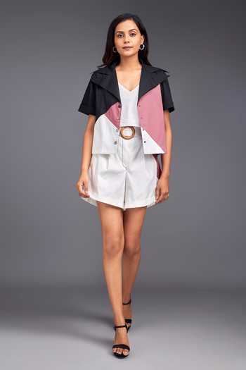 Buy Deepika Arora Pink Button-down Neck Color Block Crop Shirt And Shorts Set Online at Aza Fashions Buy_Deepika Arora_Pink Button-down Neck Color Block Crop Shirt And Shorts Set _Online_at_Aza_Fashions