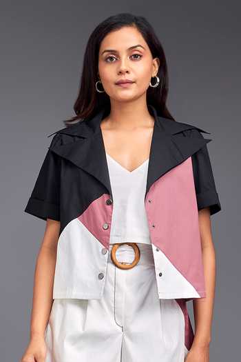 Shop Deepika Arora Pink Button-down Neck Color Block Crop Shirt And Shorts Set Online at Aza Fashions Shop_Deepika Arora_Pink Button-down Neck Color Block Crop Shirt And Shorts Set _Online_at_Aza_Fashions