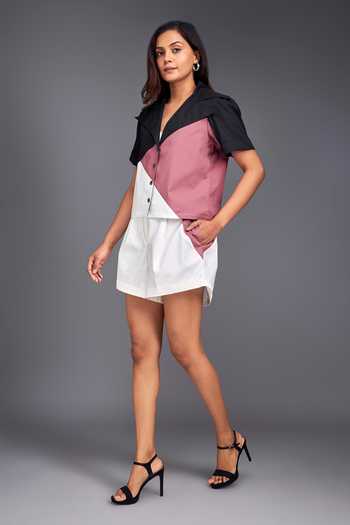 Deepika Arora Pink Button-down Neck Color Block Crop Shirt And Shorts Set at Aza Fashions Deepika Arora_Pink Button-down Neck Color Block Crop Shirt And Shorts Set _at_Aza_Fashions