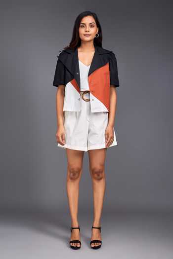 Deepika Arora Orange Cotton Collared Color Block Crop Shirt And Shorts Set Online at Aza Fashions Deepika Arora_Orange Cotton Collared Color Block Crop Shirt And Shorts Set_Online_at_Aza_Fashions