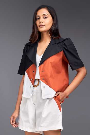 Buy Deepika Arora Orange Cotton Collared Color Block Crop Shirt And Shorts Set Online at Aza Fashions Buy_Deepika Arora_Orange Cotton Collared Color Block Crop Shirt And Shorts Set_Online_at_Aza_Fashions