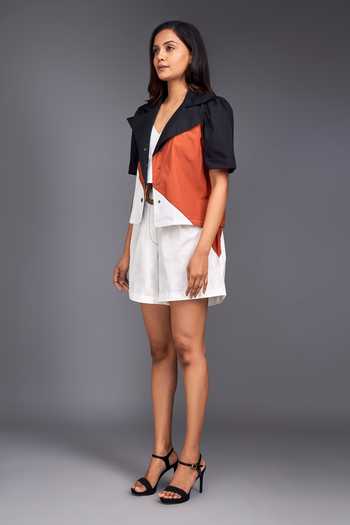 Deepika Arora Orange Cotton Collared Color Block Crop Shirt And Shorts Set at Aza Fashions Deepika Arora_Orange Cotton Collared Color Block Crop Shirt And Shorts Set_at_Aza_Fashions
