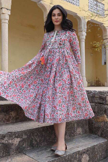 NUHH Multi Color 50 % Viscose Printed Floral Keyhole Khiltay Hai Gul Yahan Dress