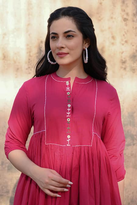Shop NUHH Pink Cotton Embroidery Mandarin Collar Placket Kurta at Aza Fashions Shop_NUHH_Pink Cotton Embroidery Mandarin Collar Placket Kurta _at_Aza_Fashions