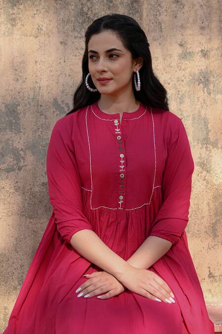 Buy NUHH Pink Cotton Embroidery Mandarin Collar Placket Kurta Online at Aza Fashions Buy_NUHH_Pink Cotton Embroidery Mandarin Collar Placket Kurta _Online_at_Aza_Fashions