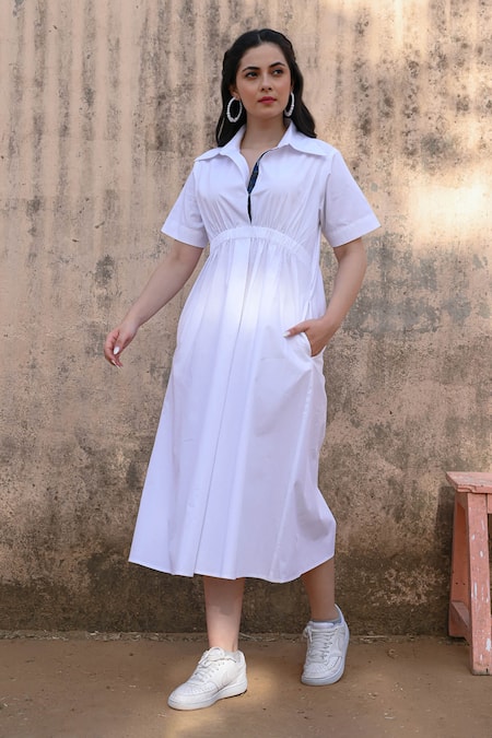 NUHH White Cotton Poplin Plain Collar Shirt Dress