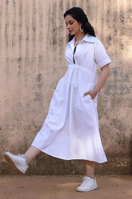 Shop NUHH White Cotton, Poplin Collared Plain Shirt Dress at Aza Fashions Shop_NUHH_White Cotton, Poplin Collared Plain Shirt Dress _at_Aza_Fashions