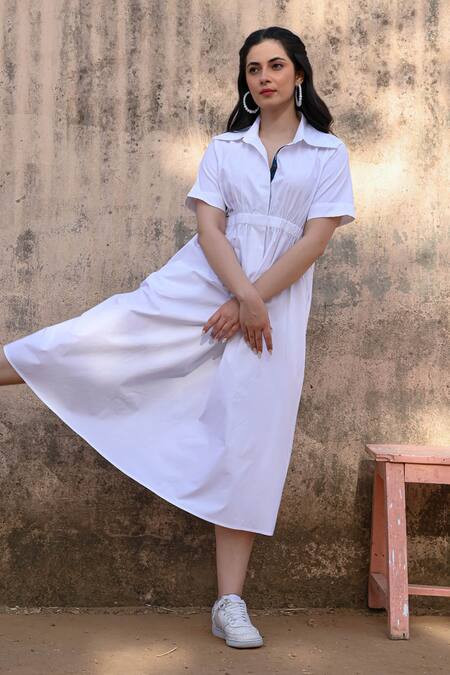 NUHH White Cotton, Poplin Collared Plain Shirt Dress Online at Aza Fashions NUHH_White Cotton, Poplin Collared Plain Shirt Dress _Online_at_Aza_Fashions
