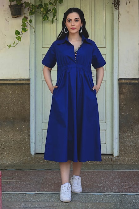 NUHH Blue Cotton Poplin Plain Collar Solid Shirt Dress
