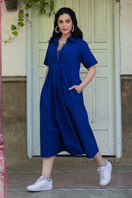 Shop NUHH Blue Cotton, Poplin Collared Solid Shirt Dress at Aza Fashions Shop_NUHH_Blue Cotton, Poplin Collared Solid Shirt Dress _at_Aza_Fashions