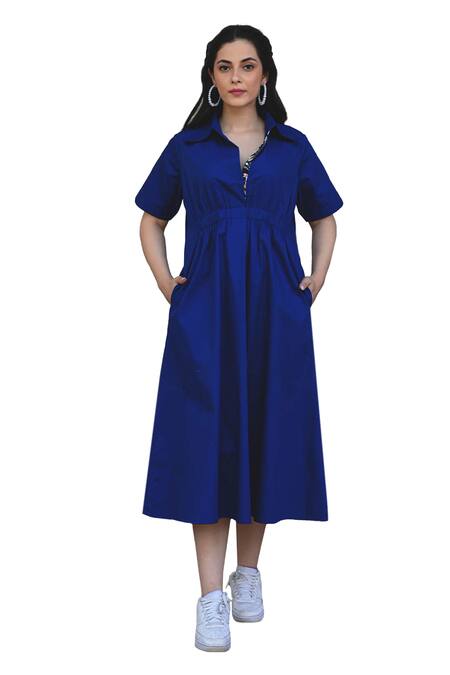 NUHH Blue Cotton, Poplin Collared Solid Shirt Dress Online at Aza Fashions NUHH_Blue Cotton, Poplin Collared Solid Shirt Dress _Online_at_Aza_Fashions